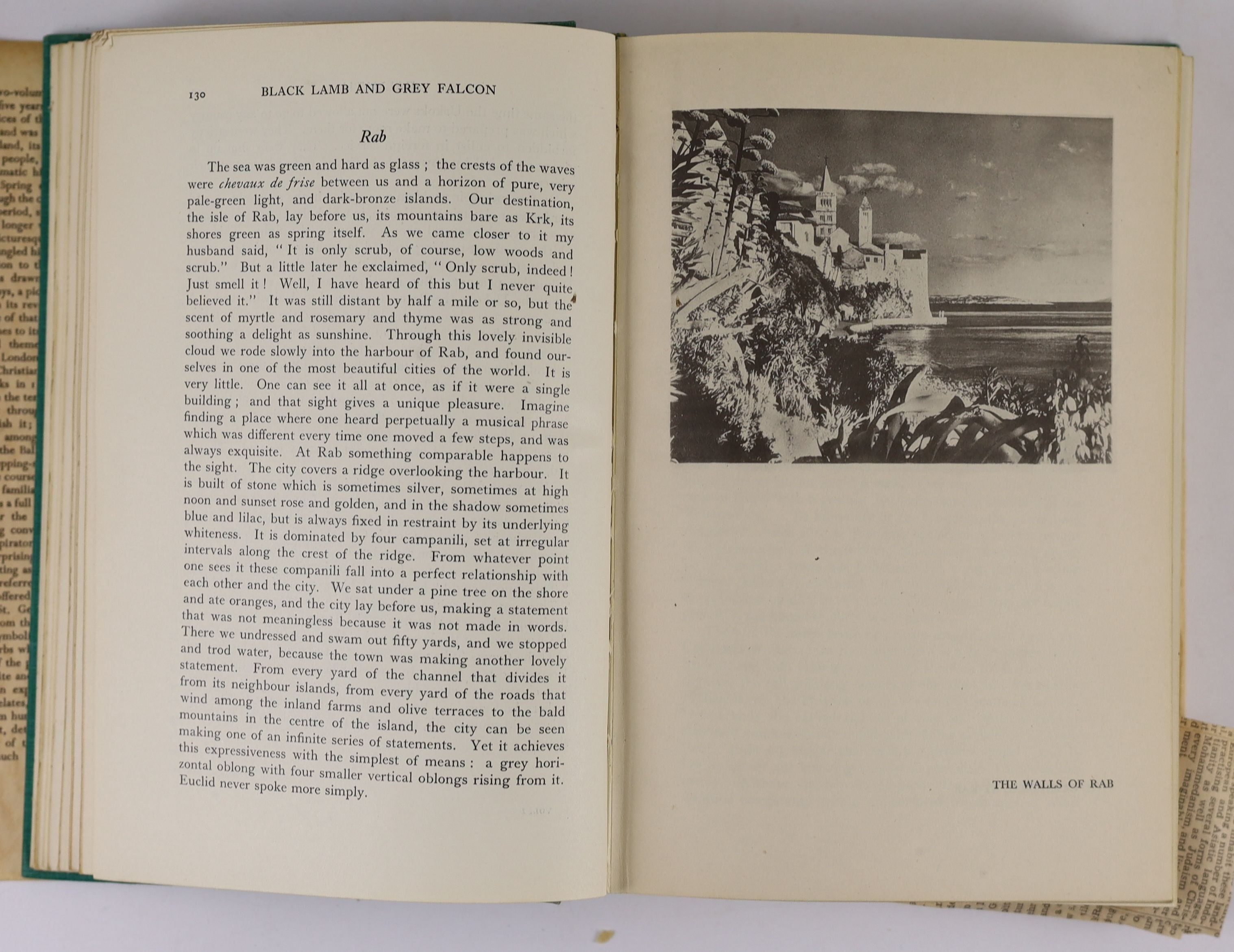 West, Rebecca - Black Lamb and Grey Falcon: The Record of a Journey Through Yugoslavia in 1937, 1st edition, 2 vols, 8vo, green cloth in unclipped d/j’s, cartographic endpapers, with 32 photographic plates, Macmillan & C